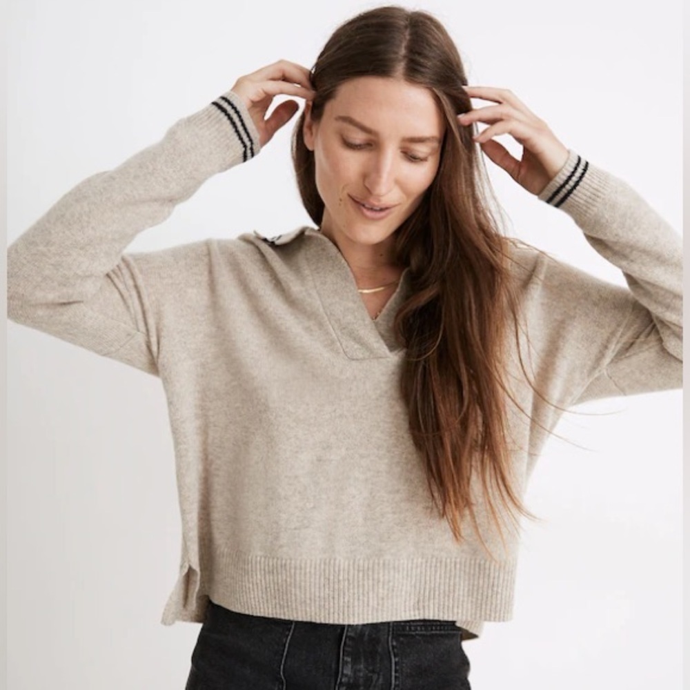🌻Madewell Tipped Davie Polo Sweater Cropped Merino Wool Blend Knit Top Size S
